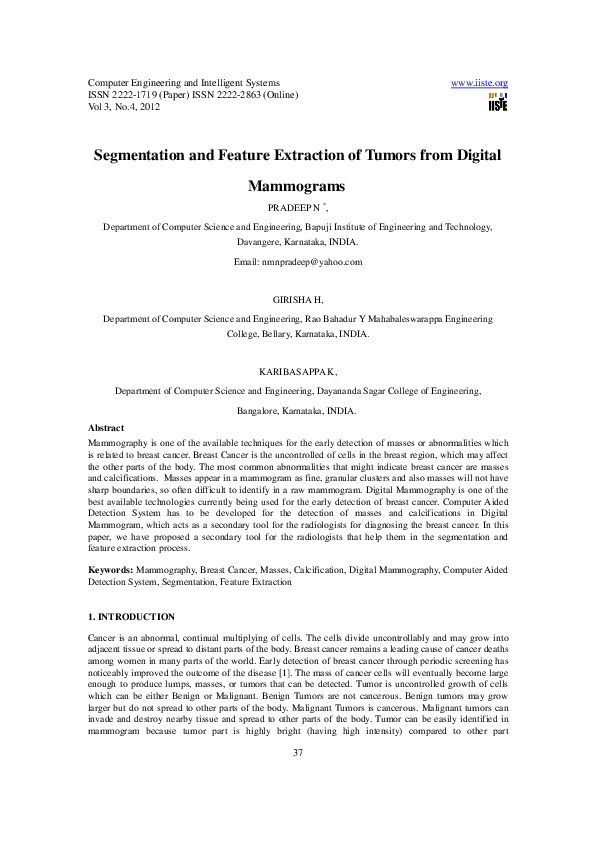 (PDF) Segmentation and Feature Extraction of Tumors from Digital Mammograms
