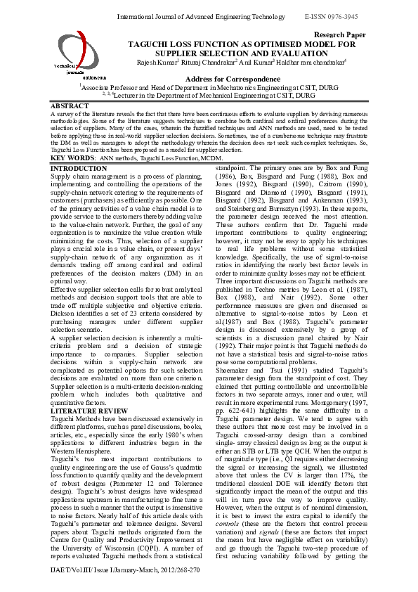 (PDF) TAGUCHI LOSS FUNCTION AS OPTIMISED MODEL FOR SUPPLIER SELECTION ...