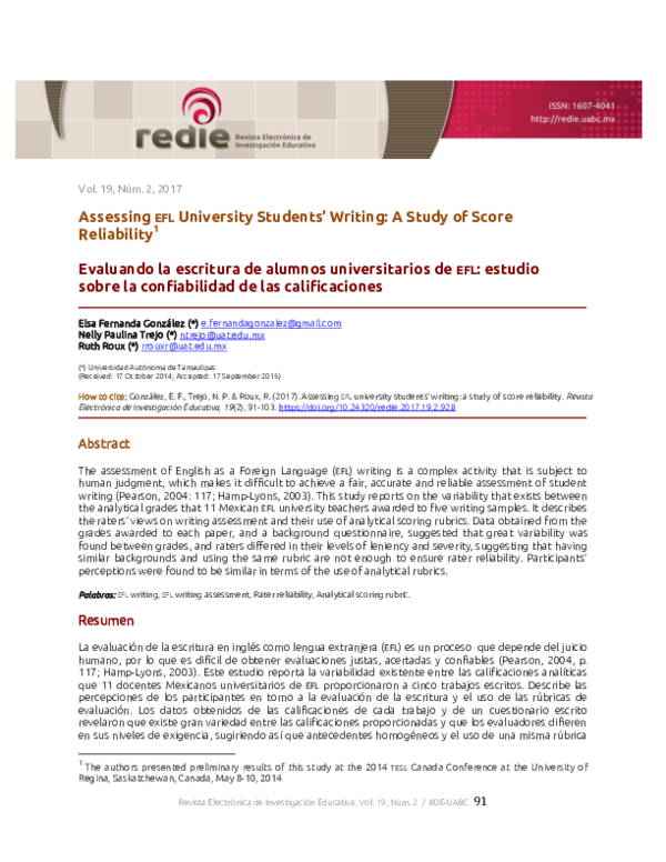 (PDF) Assessing EFL university students' writing: A study of score ...