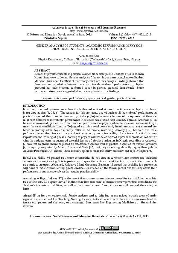 (PDF) Gender Analysis of Students’ Academic Performance in Physics ...