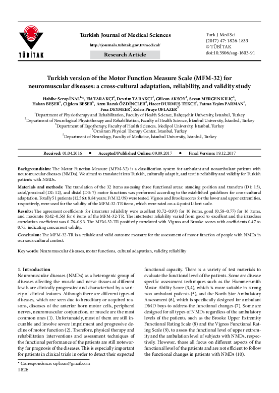 (PDF) Turkish version of the Motor Function Measure Scale (MFM32) forneuromuscular diseases a