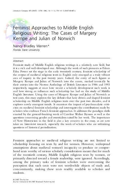 Feminist Approaches to Middle English Religious Writing: The Cases of Margery Kempe and Julian of Norwich