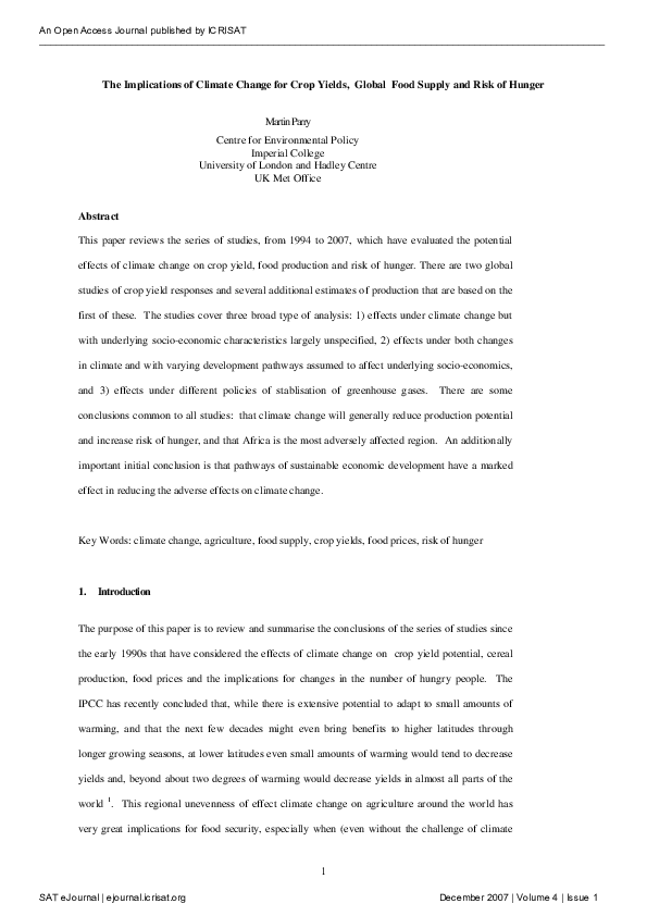 (PDF) The Implications of Climate Change for Crop Yields, Global Food ...