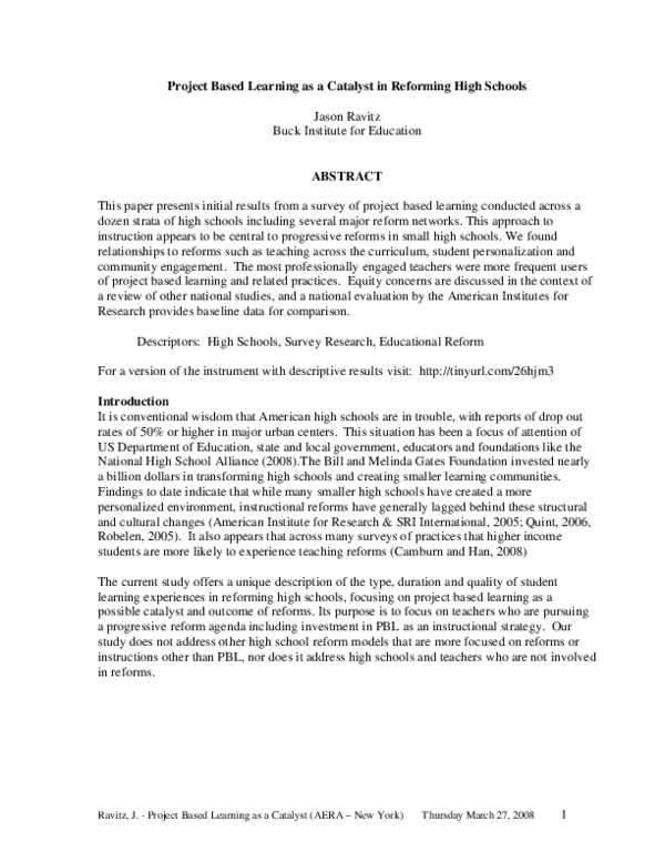 (PDF) Project Based Learning as a Catalyst in Reforming High Schools
