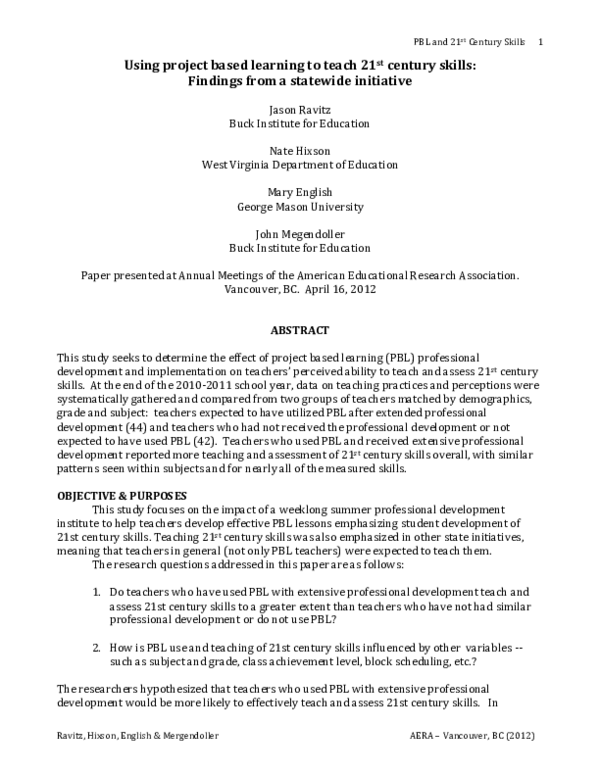 (PDF) Using project based learning to teach 21 st century skills ...