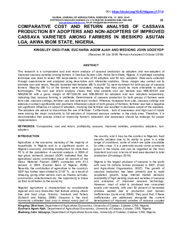 (PDF) Comparative cost and return analysis of cassava production by ...