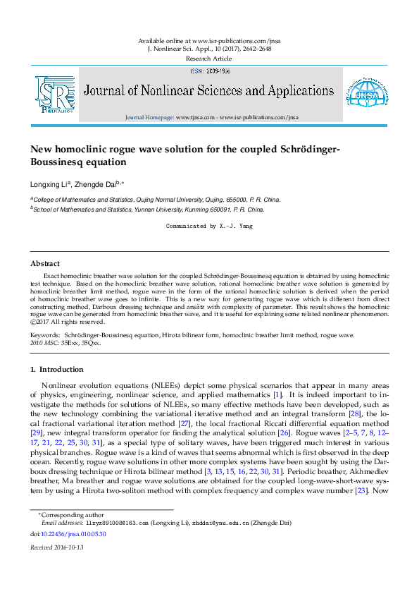 (PDF) New homoclinic rogue wave solution for the coupled Schrodinger ...