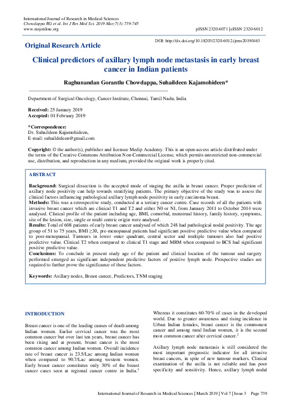 (PDF) Clinical predictors of axillary lymph node metastasis in early ...