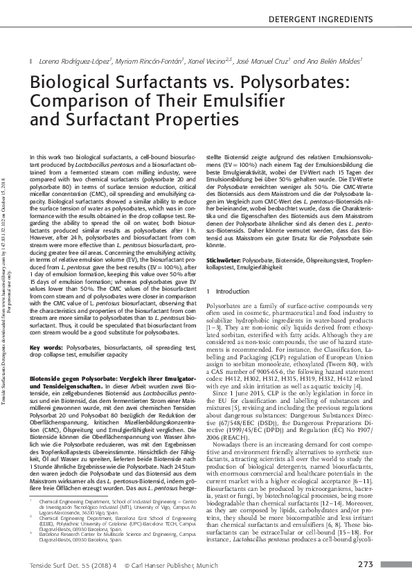 (PDF) Biological Surfactants vs. Polysorbates Comparison of Their