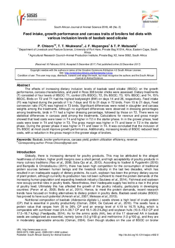 (PDF) Feed intake, growth performance and carcass traits of broilers ...