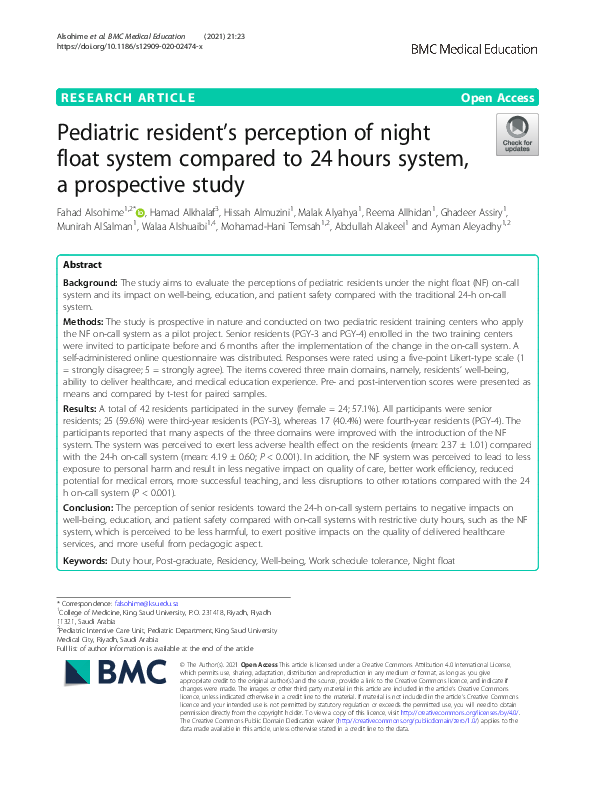(PDF) Pediatric resident’s perception of night float system compared to