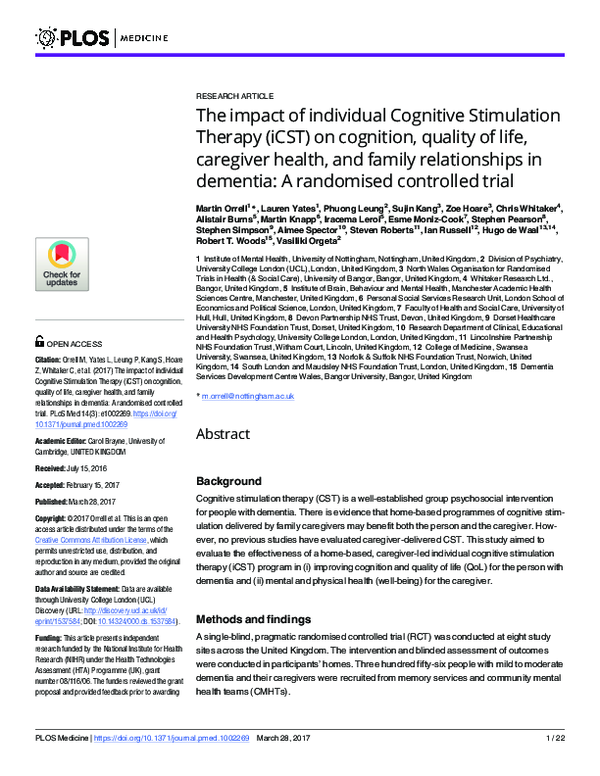 (PDF) The impact of individual Cognitive Stimulation Therapy (iCST) on ...