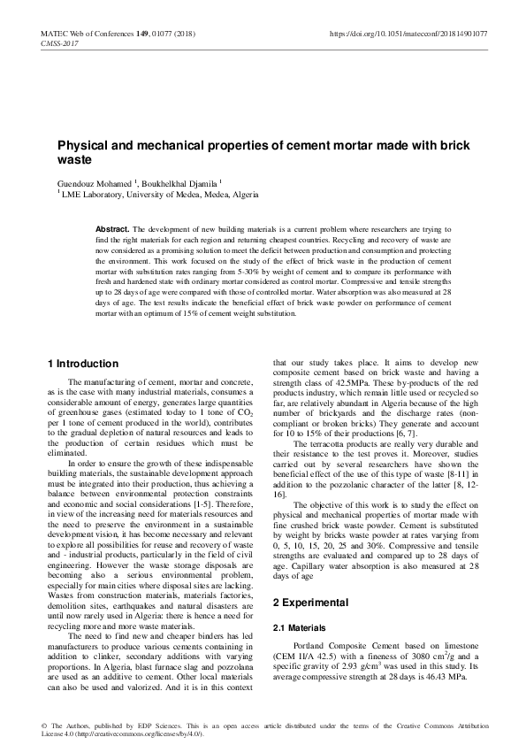 (PDF) Physical and mechanical properties of cement mortar made with ...
