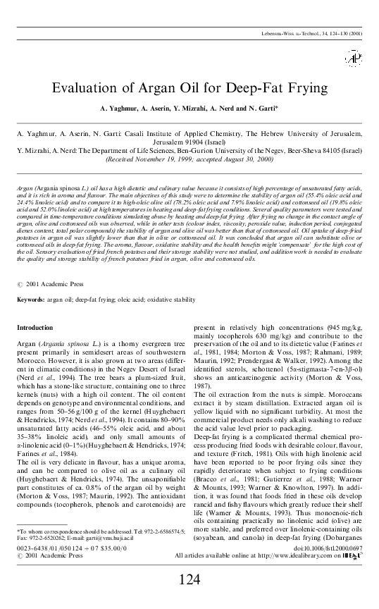 (PDF) Evaluation of Argan Oil for DeepFat Frying Yosef Mizrahi