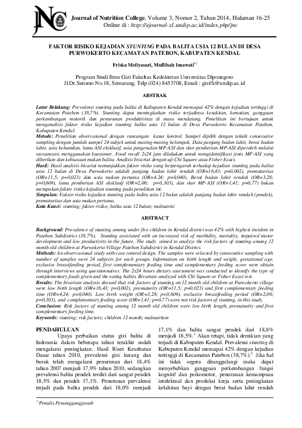 (PDF) Faktor Risiko Kejadian Stunting Pada Balita Usia 12 Bulan DI Desa ...