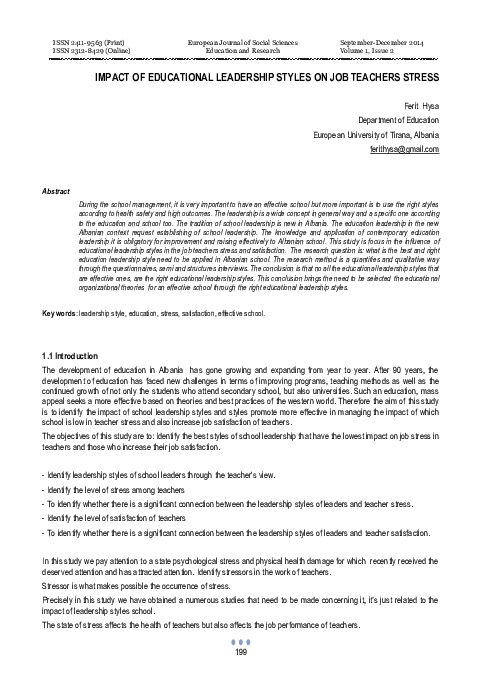 (PDF) Impact of Educational Leadership Styles on Job Teachers Stress