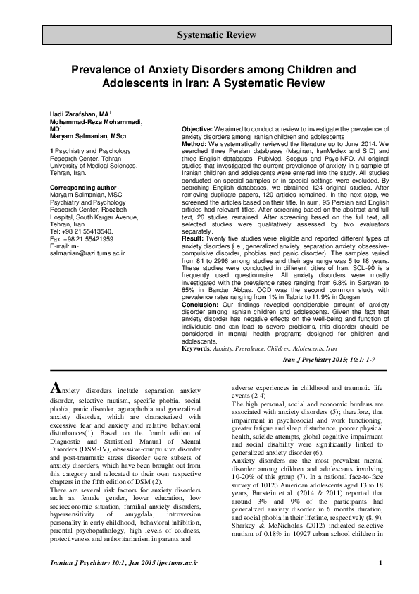 (PDF) Prevalence of Anxiety Disorders among Children and Adolescents in ...
