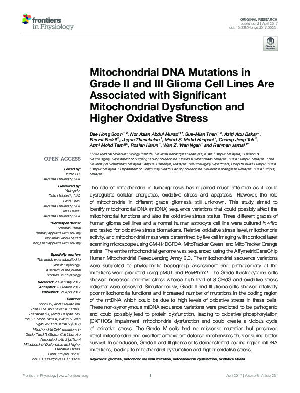 (PDF) Mitochondrial DNA Mutations in Grade II and III Glioma Cell Lines ...