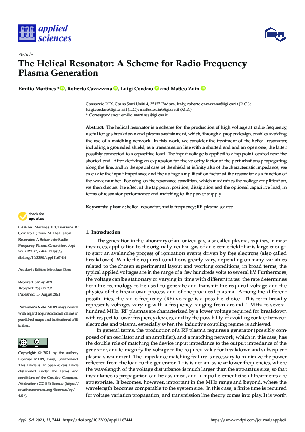 (PDF) The Helical Resonator: A Scheme for Radio Frequency Plasma Generation