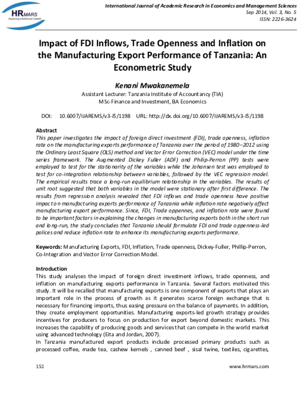 (PDF) Impact of FDI Inflows, Trade Openness and Inflation on the ...