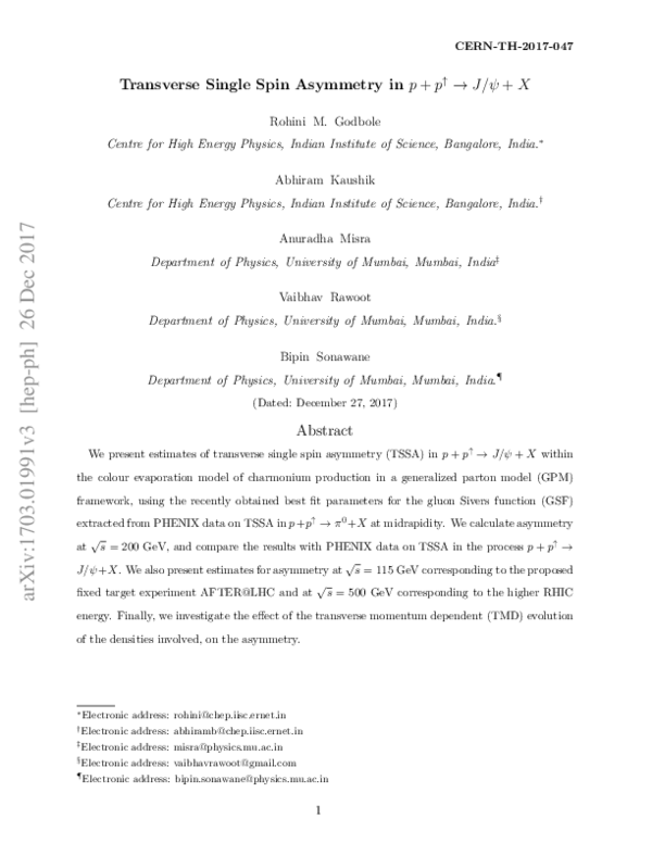 (PDF) Transverse single spin asymmetry in p+p↑→J/ψ+X