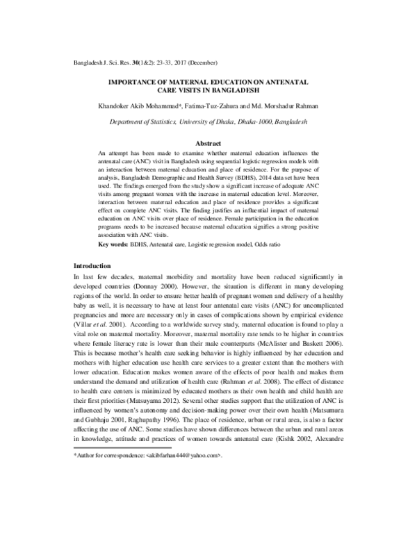 (PDF) Importance of maternal education on antenatal care visits in ...