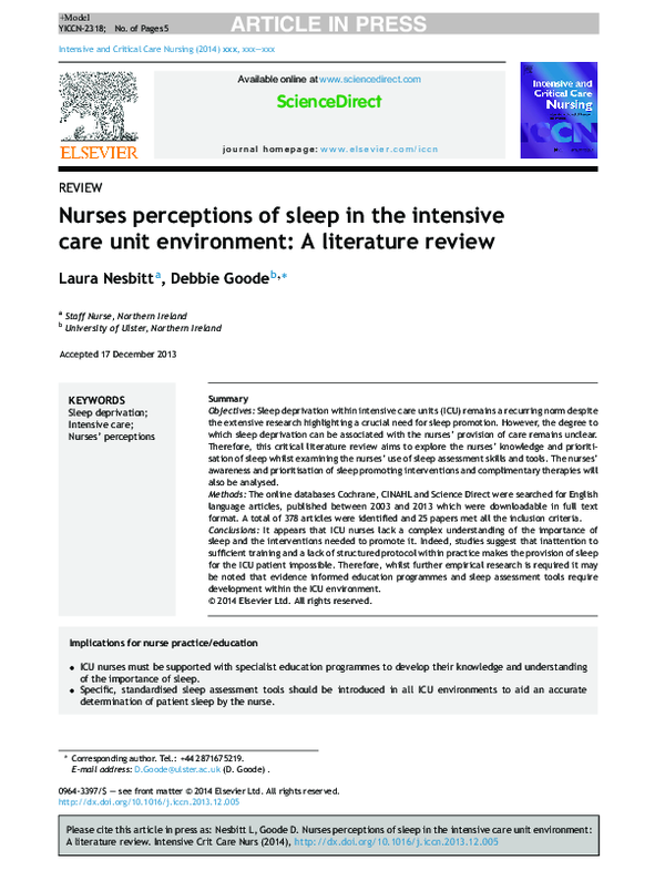 (PDF) Nurses perceptions of sleep in the intensive care unit ...