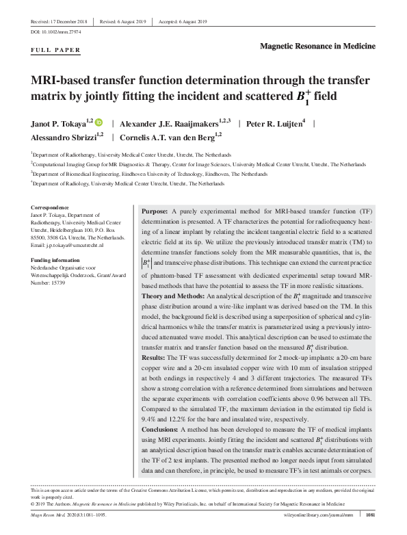 MRI‐based transfer function determination through the transfer matrix by jointly fitting the incident and scattered field