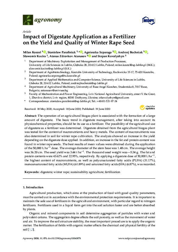 (PDF) Impact of Digestate Application as a Fertilizer on the Yield and ...