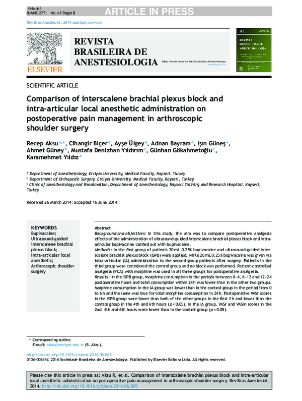 (PDF) Comparison of interscalene brachial plexus block and intra