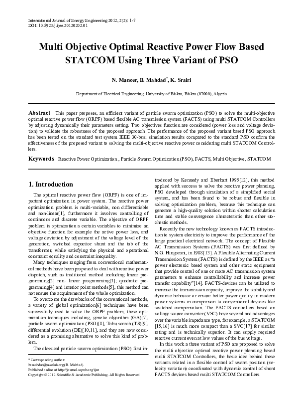 (PDF) Multi Objective Optimal Reactive Power Flow Based STATCOM Using ...