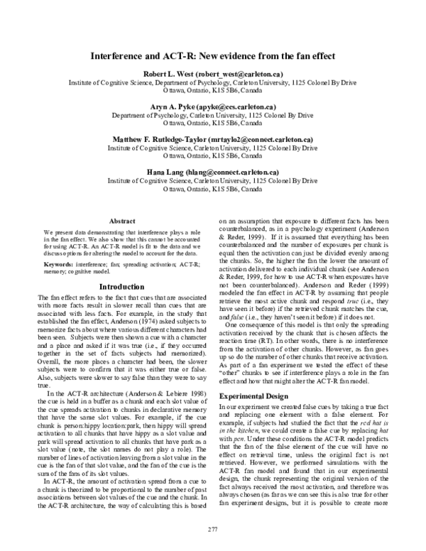 (PDF) Interference and ACTR New evidence from the fan effect