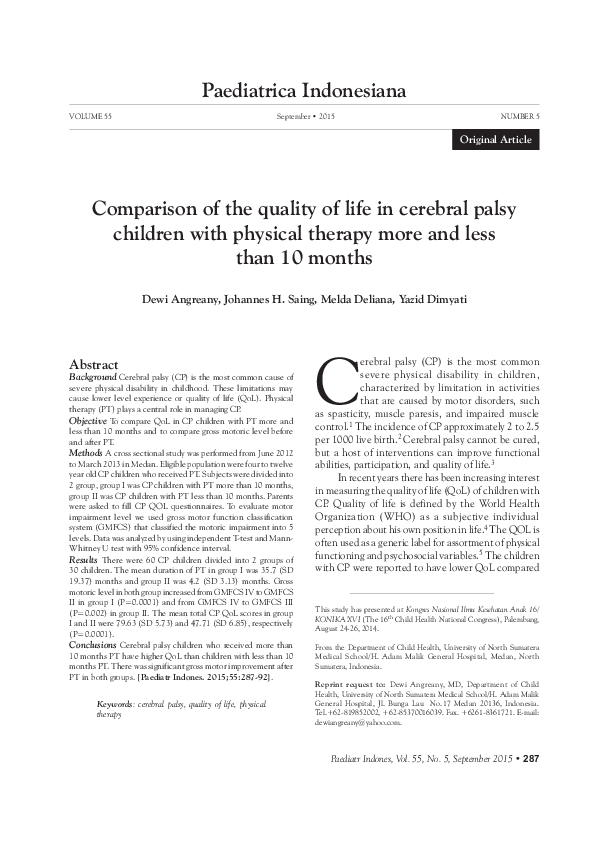 (PDF) Comparison of the quality of life in cerebral palsy children with ...