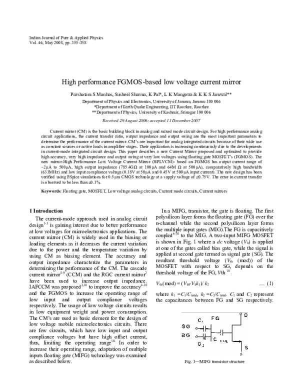 (PDF) High performance FGMOS-based low voltage current mirror