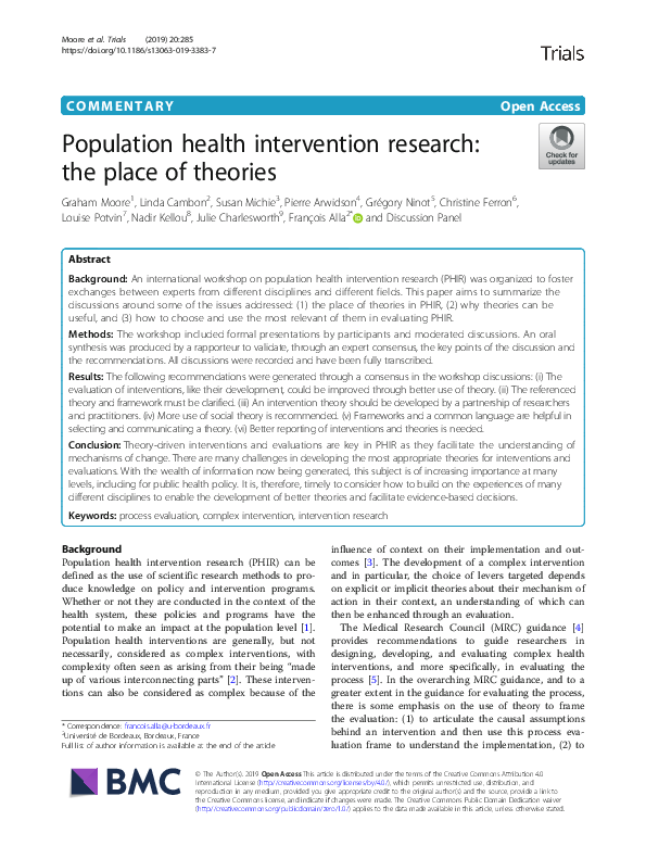 (PDF) Population health intervention research: the place of theories