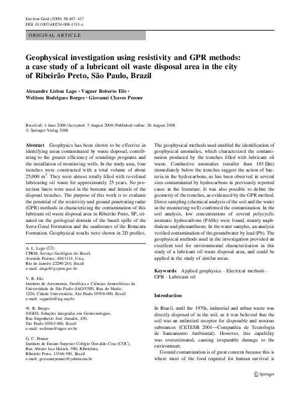 (PDF) Geophysical investigation using resistivity and GPR methods: a ...
