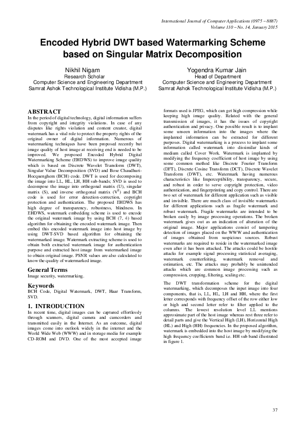 (PDF) Encoded Hybrid DWT based Watermarking Scheme based on Singular ...