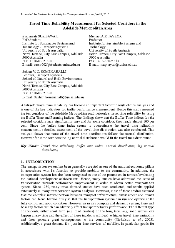 (PDF) Travel Time Reliability Measurement for Selected Corridors In the ...