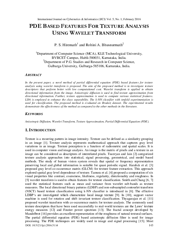 (PDF) PDE Based Features for Texture Analysis Using Wavelet Transform