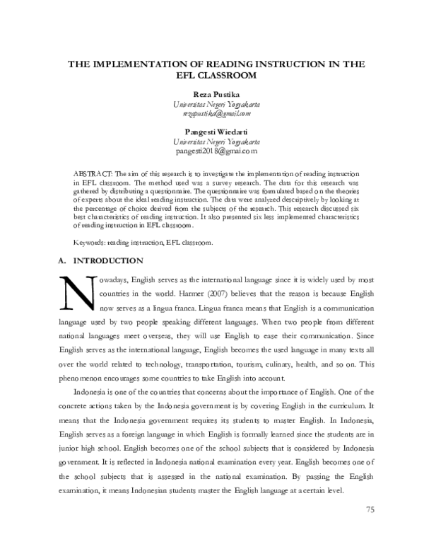 (PDF) The Implementation of Reading Instruction in Efl Classroom