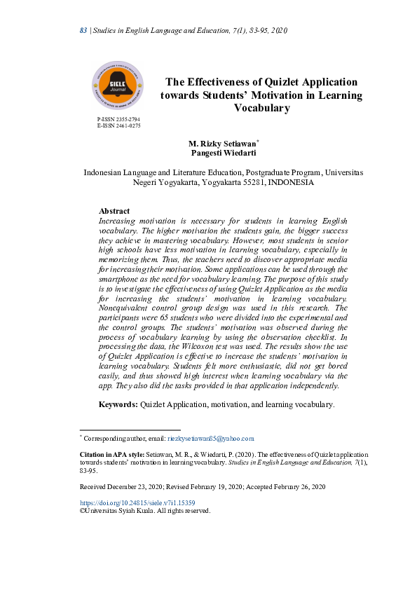 (PDF) The effectiveness of Quizlet application towards students