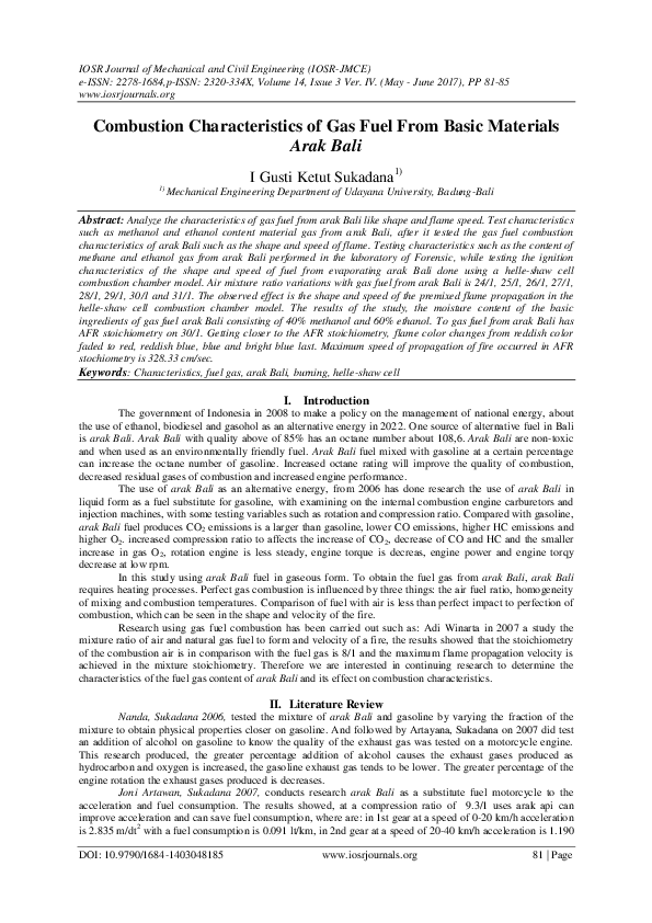 (PDF) Combustion Characteristics of Gas Fuel From Basic Materials Arak Bali