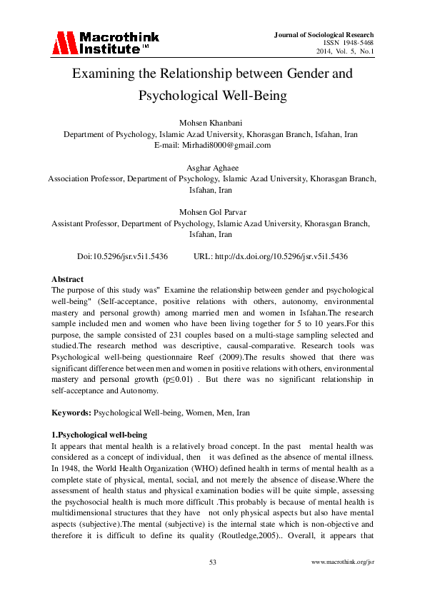 (PDF) Examining the Relationship between Gender and Psychological Well ...