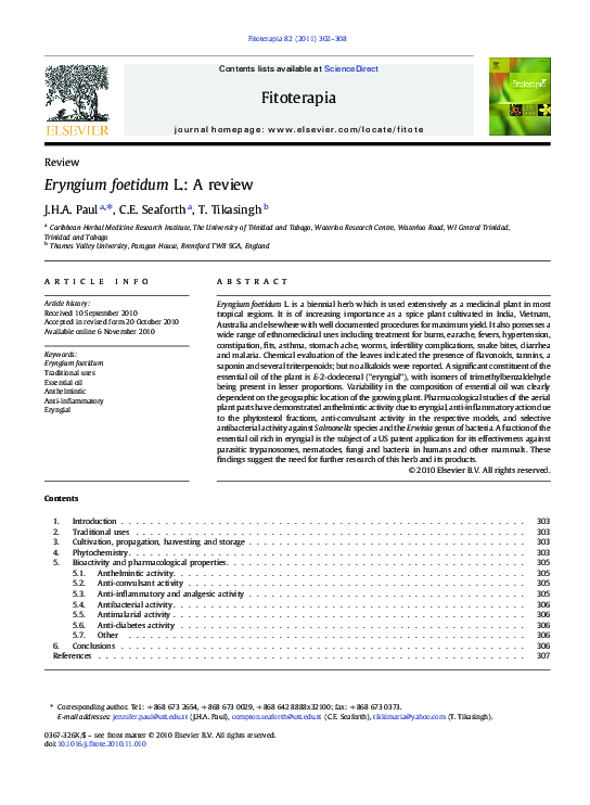 (PDF) Eryngium foetidum L. A review Tricia Tikasingh Academia.edu