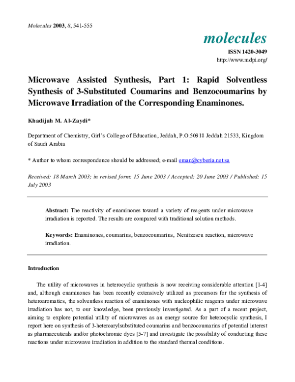 (PDF) Microwave Assisted Synthesis, Part 1: Rapid Solventless Synthesis ...