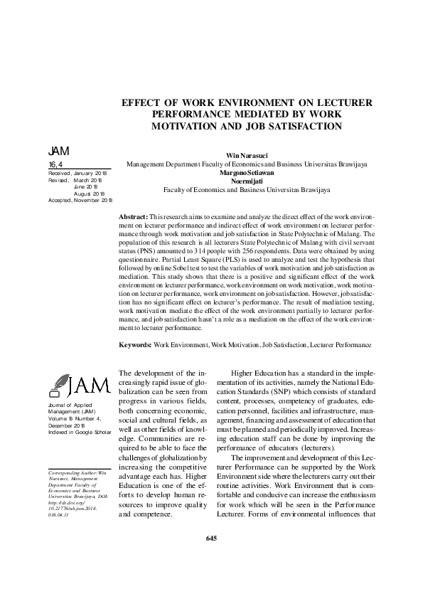 (PDF) Effect of Work Environment on Lecturer Performance Mediated by ...