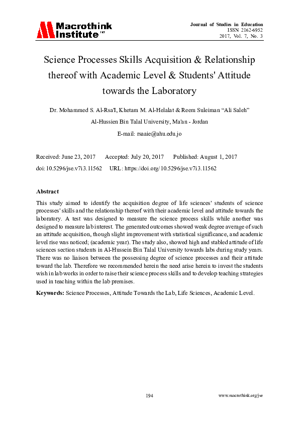 (PDF) Science Processes Skills Acquisition & Relationship thereof with ...