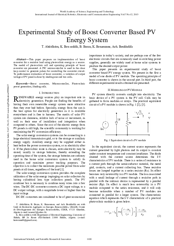 (PDF) Experimental Study of Boost Converter Based PV Energy System