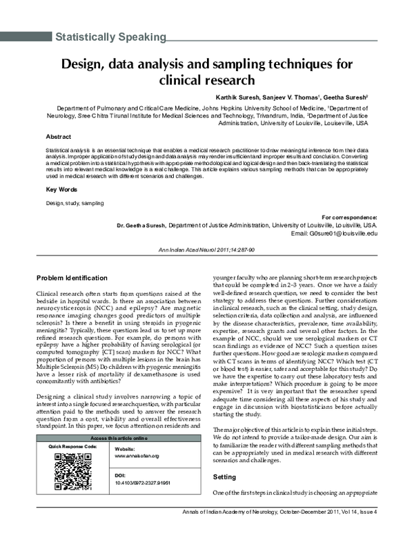 (PDF) Design, data analysis and sampling techniques for clinical research