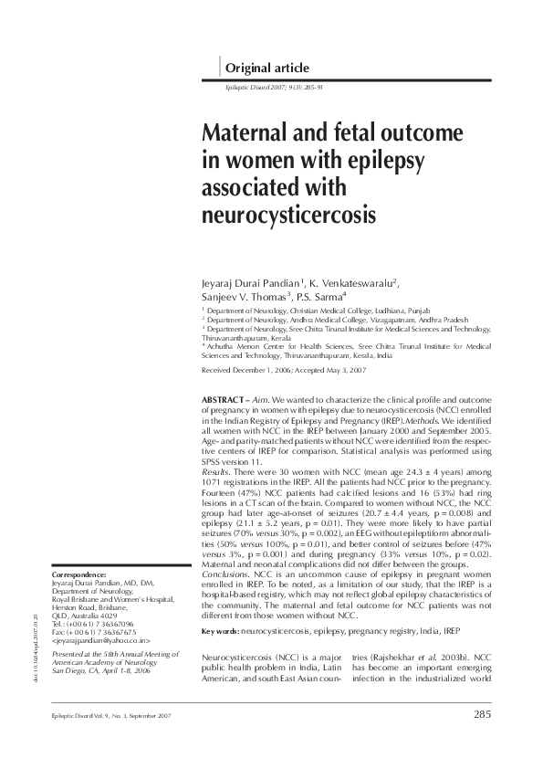 (PDF) Maternal and fetal outcome in women with epilepsy associated with ...